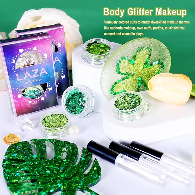 Laza 2 Jars St. Patrick’s Day Body Glitter Iridescent Chunky Sequins with Glitter Glue Women Eyeshadow Makeup Face Paint Festival Rave Outfits Hair Accessories Carnival Brat Party Costumes-Green Field