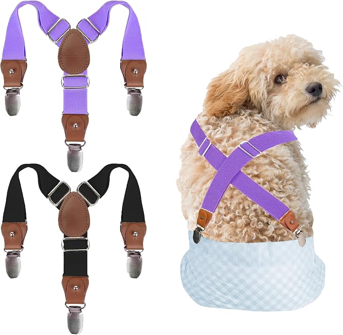 2 Pieces Dog Diaper Suspenders, for Dog Diaper Female and Belly Band for Male (Black&Purple, Medium/Large)