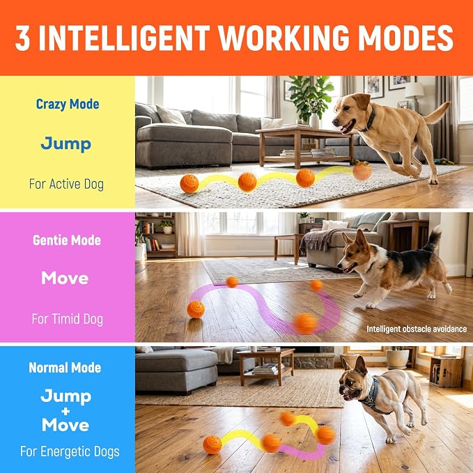 Interactive Dog Ball Toys - Automatic Moving, Bouncing Chew Toys, Wicked Balls with 3 Modes, E-TPU Vibrating Dog Ball for Small/Medium/Large Dogs, Birthday Gifts for Dogs(Orange)