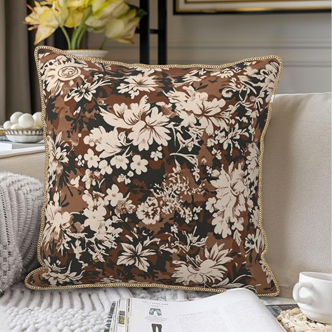 Vintage Brown Cream Floral Velvet Pillow Covers 16x16 Inch Tapestry Neutral Flowers Throw Pillows for Couch Cushion Covers Pillowcase Boho Farmhouse Pillow Cases for Sofa Bed Bedroom