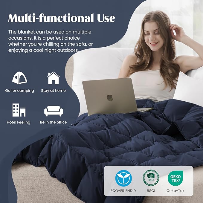 puredown® Soft Feather Down Blanket Lightweight Packable Down & Feather Fill Blanket for Indoor and Outdoor Use, King Size Blankets, 88"X108", Navy