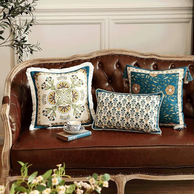 patdrea Designer Vintage Linen Pillow Cover,18"x18",Set of 2-Wensel B | RusticDecorative Pillow Case with Zipper,Floral Pattern,Cushion Coverfor Couch Living Room Bedroom Sofa