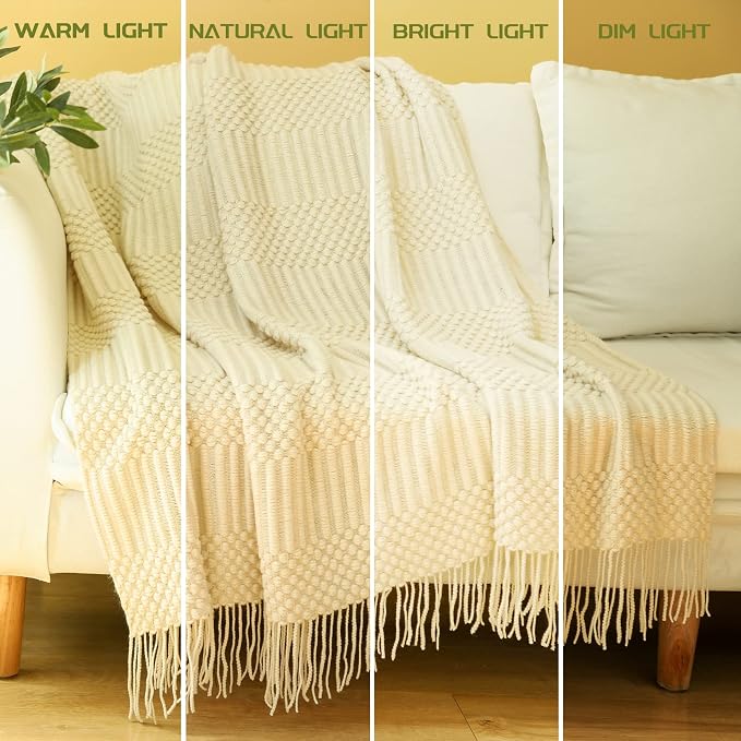 Blagic Soft Knitted Throw Blanket for Couch and Bed,Off White,50"x60" | Lightweight and Cozy,Farmhouse Boho Blanket with Tassel,Decorative for Living Room,Gifts for Adults,All Season Use
