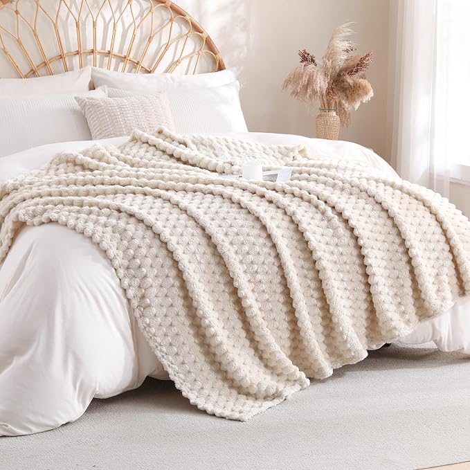Cream Fleece Throw Blanket 50”×60” for Couch Sofa Bed | Super Soft Cozy Plush Microfiber Flannel Blanket with 3D Jacquard Decorative Lightweight for Mom Woman