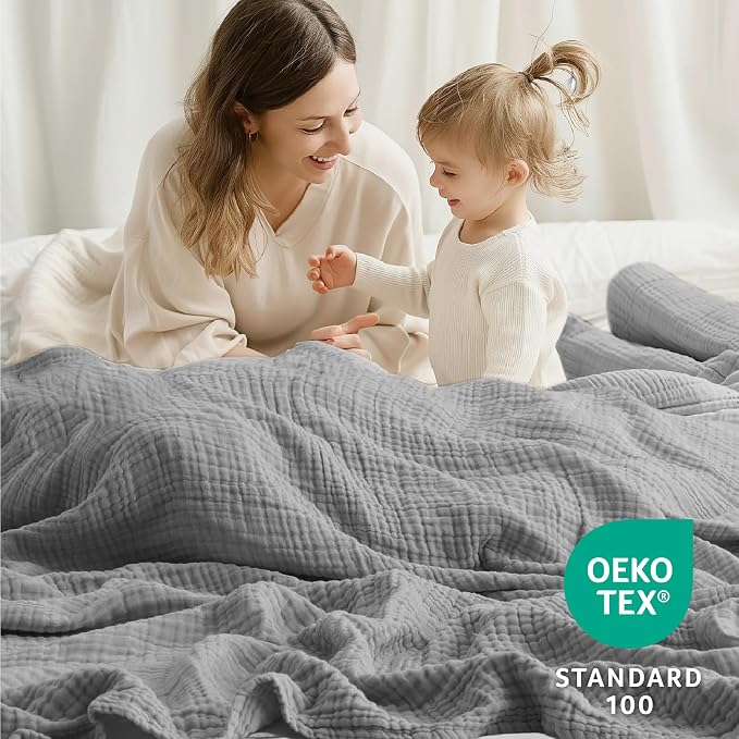 100% Cotton Muslin Blanket California King 120" x 90", 6 Layers Breathable and Lightweight Oversized Blankets for Bed, Soft Cooling Gauze Blanket for Adults All Season, Medium Grey