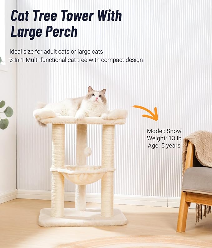 Cat Tree, Cat Scratching Posts with Large Bed for Big Cats | Small Cat Tower, 28" Tall For Window Viewing, 23.6"x15.7" Cat Perch Bed, Cat Hammock, Removable Cover, Solid Structure, Beige