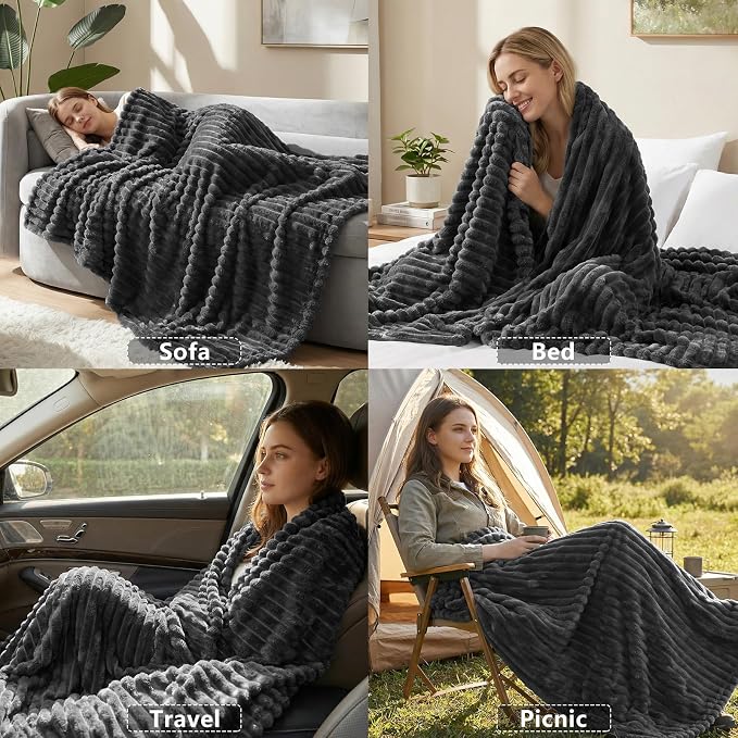 HIMEET Charcoal Grey Throw XL Blanket, 300GSM Ribbed Fleece, 50 x 70 Inches | Ultra Soft Flannel, All-Season Lightweight Warmth, Extra Coverage for Couch Lounging, Home Room Decor, Machine Washable