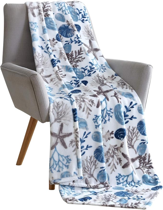 Coastal Ocean Beach Throw Blanket, Blue Gray Taupe White, 50x70 Oversized | Soft Plush Velvet Fleece, Seashell Beach Hues, Accent for Sofa Couch Chair Bed or Dorm, Washable & Durable, Extra Large Size