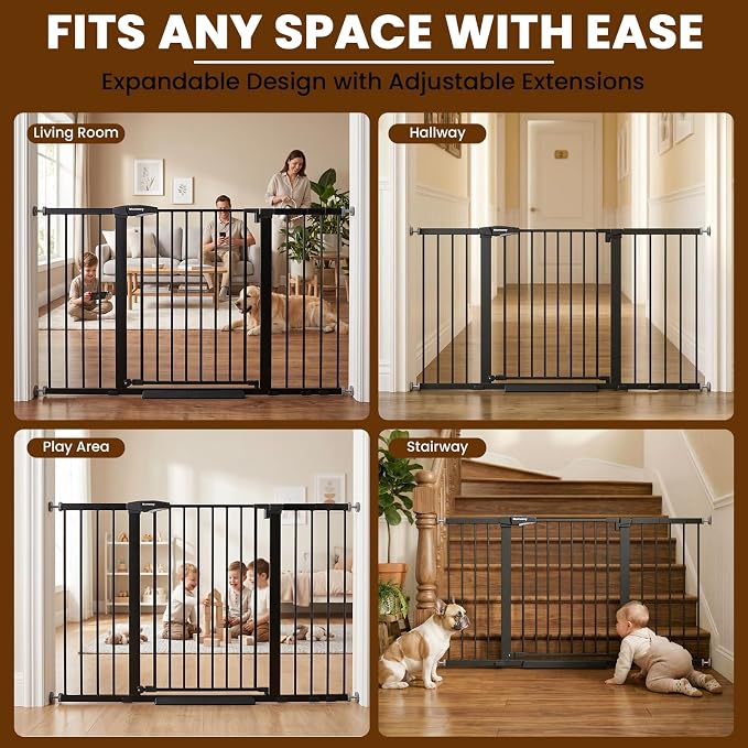 Mumeasy 29.7-54.2" Baby Gate for Stairs, Pressure Mounted Dog Gate for Doorways, Extra Wide Walk Thru Safety Pet Gate for Doors with Auto Close, Easy Install Child Gate for Hallway Indoor House, Black