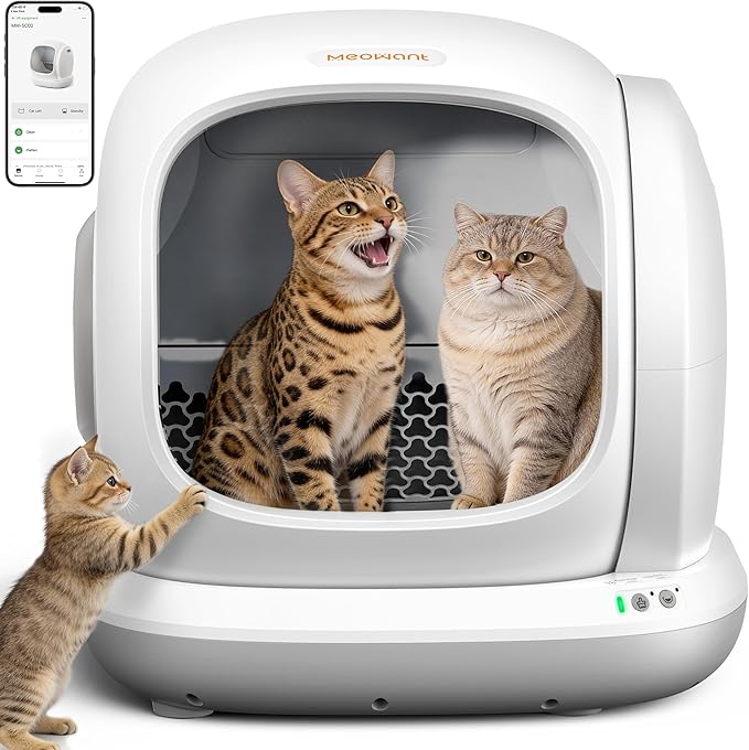 Meowant Self-Cleaning Cat Litter Box, 75L Extra Large Open for Multi Cats | Integrated Safety Protection Anti-Pinch Automatic Cat Litter Box,APP Control,Odor Removal,Health Monitoring,Low Entry,Gray