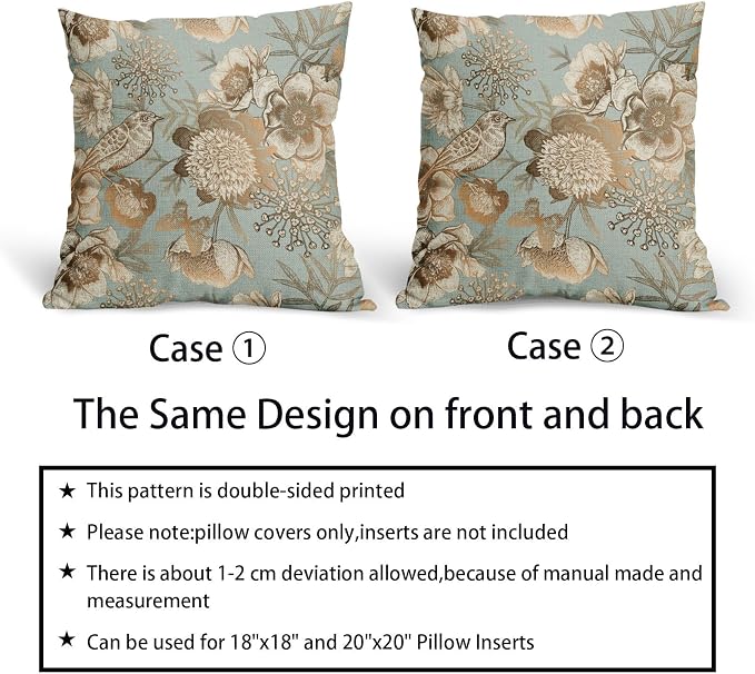 Vintage Floral Pillow Covers 20X20 Inch Set of 2 Rose Gold Flowers Bird Butterfly Decorative Pillow Cases Blue Brown Cotton Linen Cushion Case Farmhouse Home Decor for Sofa Couch Living Room