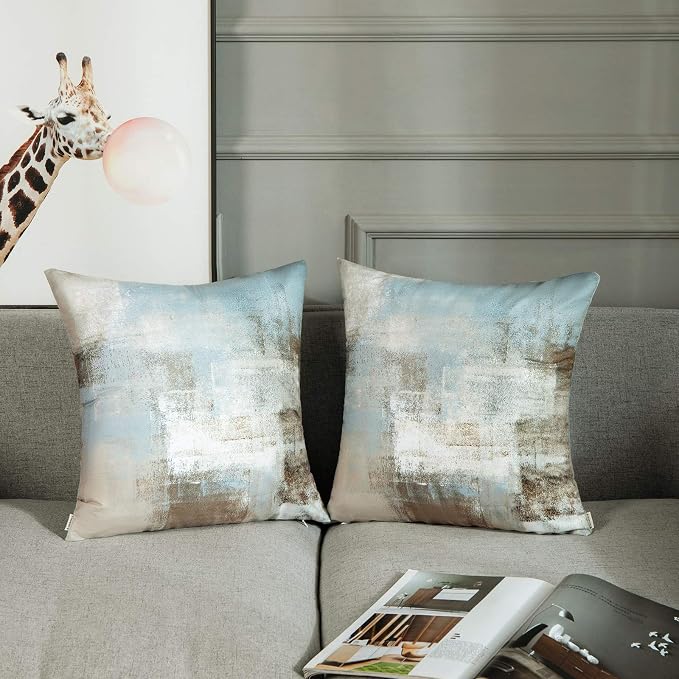 Throw Pillow Covers Set of 2, 16 x 16 Inch, Grey Beige Teal | Abstract Modern Art Outdoor Decorative Square Pillow Cases Couch Cushion Case for Couch Bed Sofa Living Room Home Decor