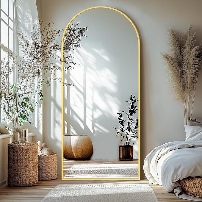 Arched Full Length Mirror with Stand, 75x35 Gold Floor Mirror | Aluminium alloy frame with HD float glass for distortion-free reflection. Free standing or wall mounted.