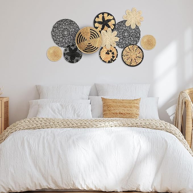 Tatuo 11 Pcs Boho Wall Basket Decor Bulrush Woven Wall Hanging Art Round Farmhouse Rustic Handmade Wicker for Summer Home, Bedroom, Living Room, Kitchen Decorations, Multi Sizes(Fresh)