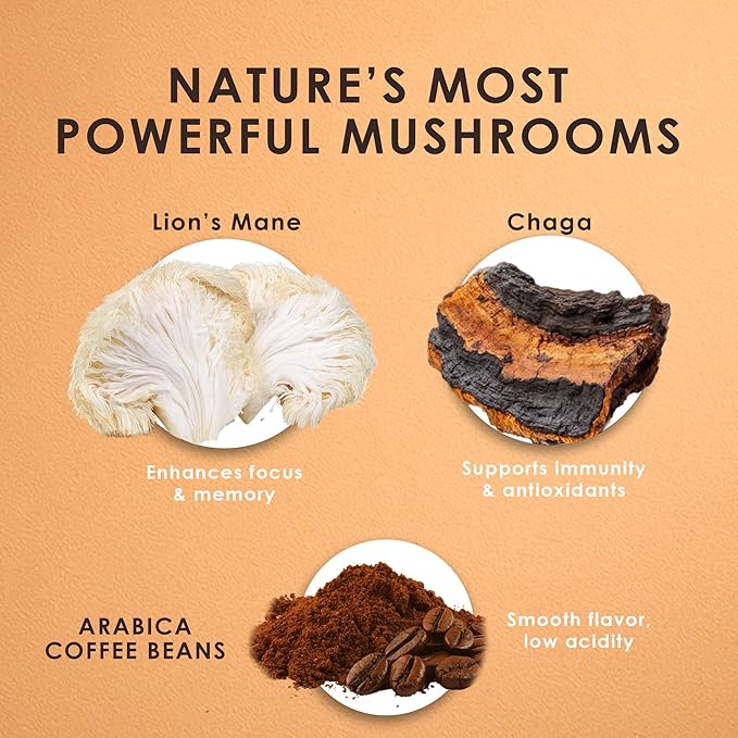 Stop Wasting Mornings Feeling Tired | Mushroom Coffee with Lion’s Mane & Chaga for Long-Lasting Energy, Focus & Wellness | Natural & Jitter-Free | 16oz