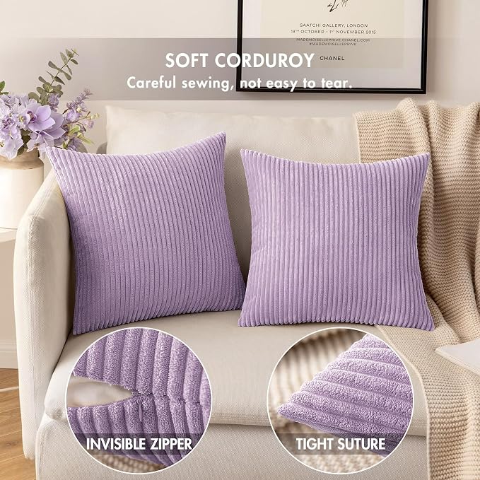 MIULEE Decorative Corduroy Throw Pillow Covers Set of 2 18x18 Lavender | Soft Striped Textured Cushion Cases, Boho Energetic Vibe Pillowcases for Home Decor, for Couch Chair Sofa Bed Living Room