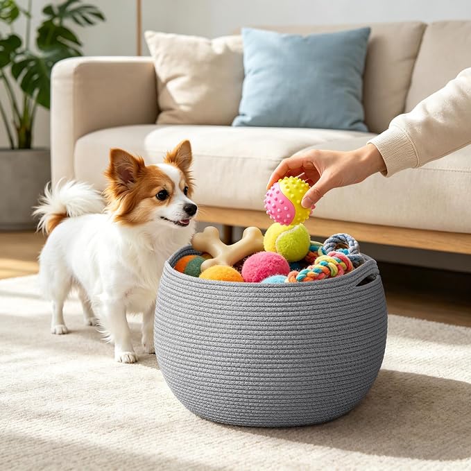 Goodpick Large Woven Storage Basket with Handles, 15.7" x 10.5", Grey | Round Toy Storage for Kids, Cotton Rope Basket for Nursery Living Room, Holds Blankets, Toys & Baby Shower