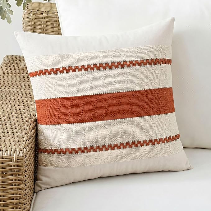 Fancy Homi Set of 1 Boho Burnt Orange Decorative Throw Pillow Cover 22x22 Inch for Couch Bed Sofa, Aesthetic Modern Organic Farmhouse Home Decor, Soft Cotton Cute Accent Macrame Woven Cushion Case
