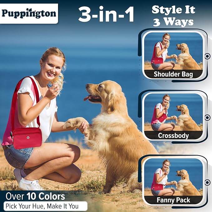 Puppington 3-in-1 Crossbody Dog Walking Bag & Treat Pouch with Matching Planet Safe Poop Bags & Built-In Dispenser - Dog Mom Gift for Puppy Training with Zippered Pockets (Ruby Red)