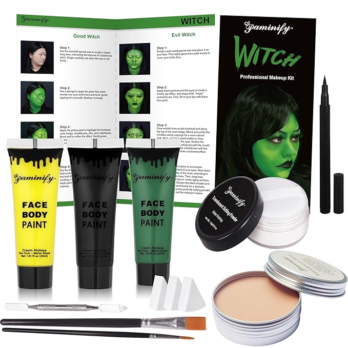 Green Witch Makeup Kit,Elphaba Costume Face Paint,Black Green Yellow Face Paint with Setting Powder,Halloween SFX Scar Wax Putty Wound Makeup,Frankenstein Gamora Hunting Hulk Body Paint