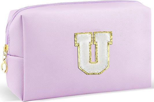 URSKYTOUS Gifts for Girls Initial Makeup Bag Personalized Cosmetic Bag with Zipper Cute Travel Toiletry Bag Waterproof PU Preppy Makeup Pouch Birthday Gift for Teen Girls Women(Purple U)