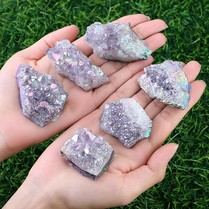 ZHIYUXI Angel Aura Amethyst Crystal Clusters Geode Titanium Bonded Amethyst Crystal Gem Stones Crystals and Stones Natural Rock Raw Stone Energy Balance Reiki Decor 1Pc 50-70g