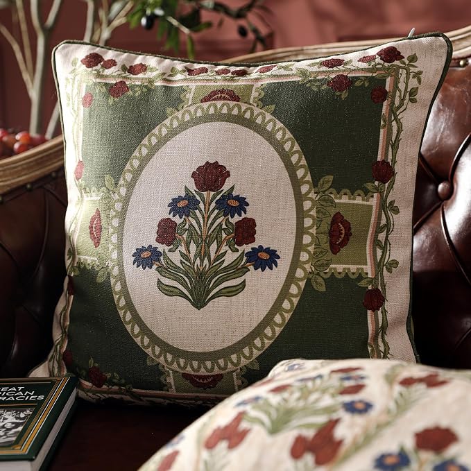 Elegant French Linen Throw Pillow Cover,Set of 2,18"x18"-Estonia B | Designer Vintage Square Pillow Cover,Concealed Zipper Design,Floral Pattern,Sofas,Bedroom,Living Room,Lounge Chairs