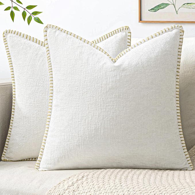 MIULEE Decorative Couch Throw Pillow Covers 18x18 Inch Pure White 2 Pack | Farmhouse Pillow Covers with Stitched Edge, Soft Chenille Cushion Cases, for Sofa Bed Living Room Home Decor