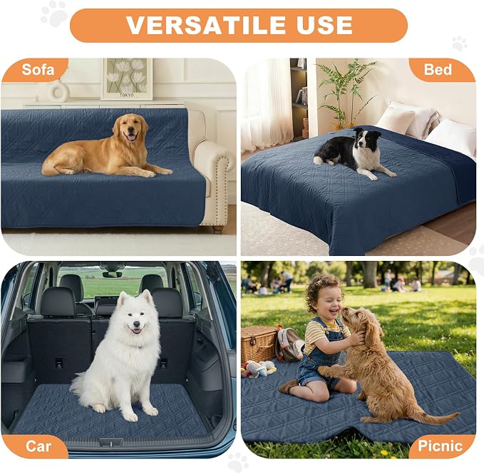 100% Waterproof Washable Dog Blanket,Berlin Blue+Navy Blue, 52"x82" | 7-Layer Reversible Couch Covers for Dogs Met for Sofa Furniture Car Camping