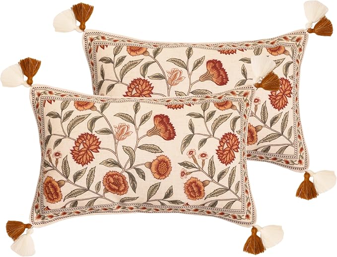 French Linen Rectangle Throw Pillow Cover,Set of 2,20"x12"-Albano A | Designer Vintage Pillow Cover,Concealed Zipper Design,Orange Floral Pattern,Sofa,Bedroom,Living Room,Lounge Chairs