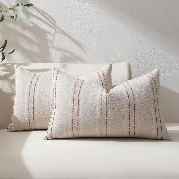 Hckot Fall Throw Pillow Covers 12x20 Set of 2 Striped Pillow Covers Textured Linen Decorative Pillows Square Cushion Covers for Sofa Couch Bed Living Room Farmhouse Decor(Caramel)