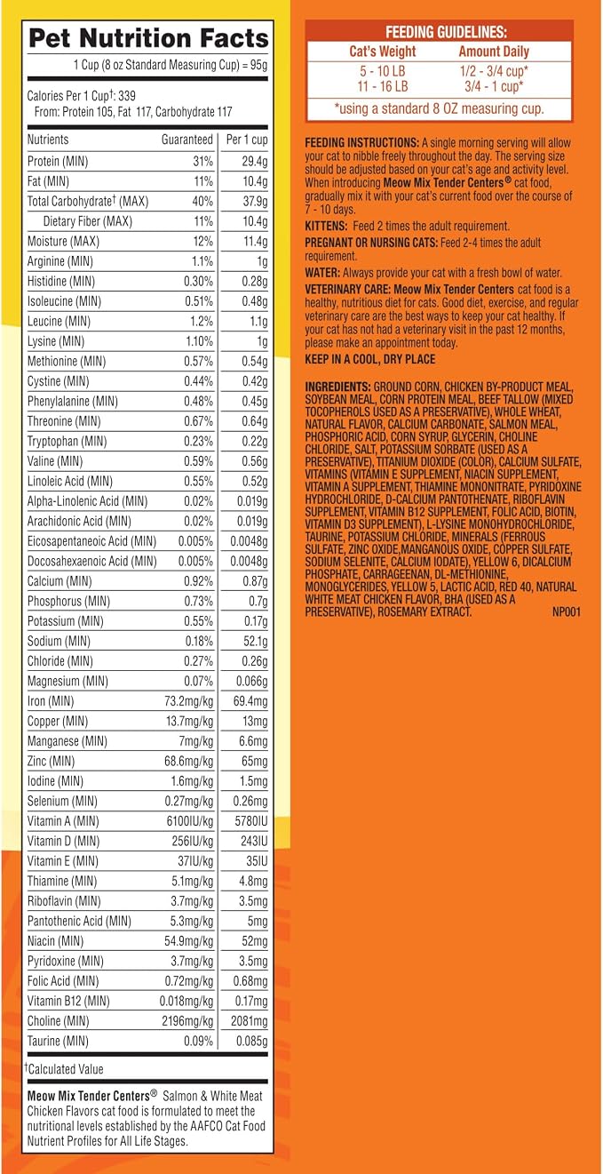 Meow Mix Tender Centers, Salmon & White Meat Chicken Flavors, 4 Bags | 3-lb bags, dry cat food with two texture kibble, meaty center surrounded by a crunchy outer layer