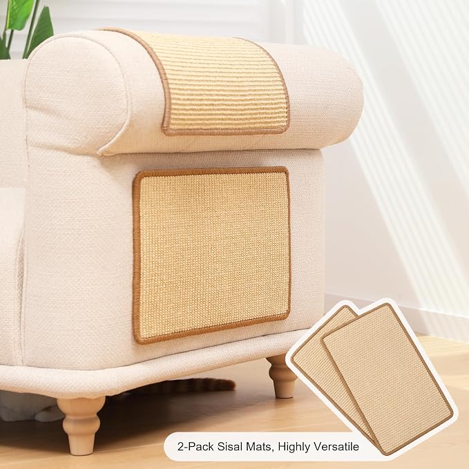 FUKUMARU 2 Packs Cat Scratching Mat, 19.6 x 11.8 Inch Cat Scratcher Pad | Natural Sisal Cat Scratch Mat for Indoor Cats, Horizontal Cat Wall Scratcher Floor Rug with Sticky Tapes, Furniture Protector