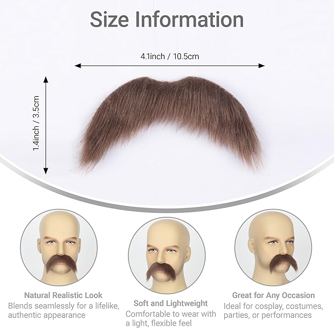 2Pcs Men Fake Mustache Realistic Mustaches Fake Facial Hair Beard for Cosplay Costume Halloween Parties