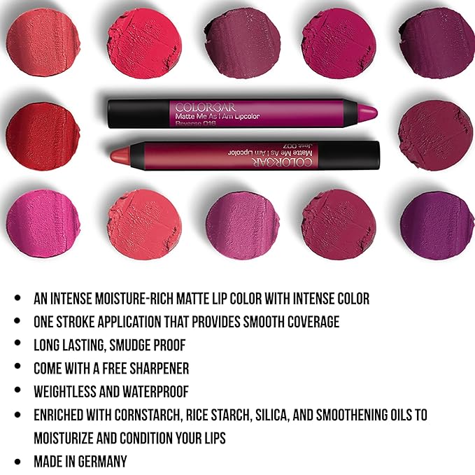 Colorbar Matte Me As I Am Lipcolor - Matte Lipstick - Enriched with Cornstarch, Rice Starch, and Silica - Waterproof Proof - 001 Prank - 0.09 oz