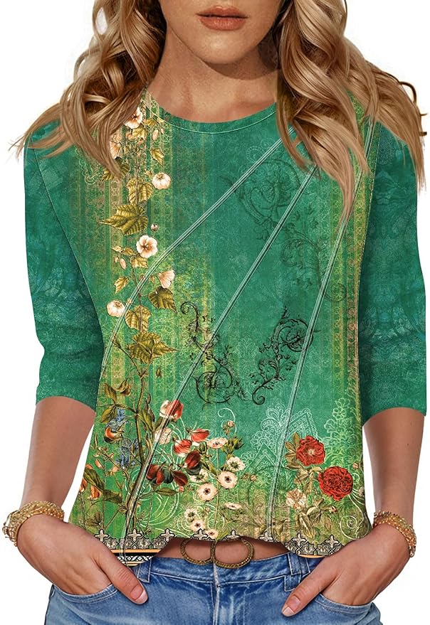 LOMON 3/4 Length Sleeve Womens Tops Spring Summer Fashion 2026 Tops Crew Neck Pleated Shirts Tunic Top Loose Fit