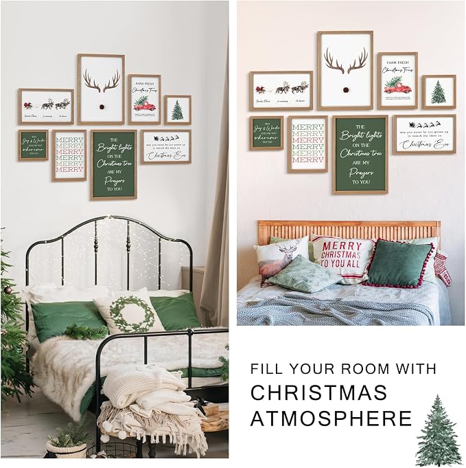 Faccito 8 Set Reindeer Christian Wall Art Framed, Wooden Decor | Religious Quotes Decor for Bedroom Office, Inspirational Scripture Wooden Art, Modern Framed Set for Home Classroom Work