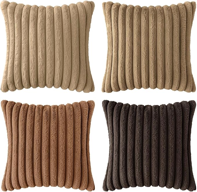MIULEE Fall Faux Fur Plush Decorative Throw Pillow Covers 18x18, Dark Brown | Set of 4, Striped, Soft Boho Farmhouse Vintage, Rustic Cozy Home Decor, Cushion Cases for Sofa Couch Bed Living Room