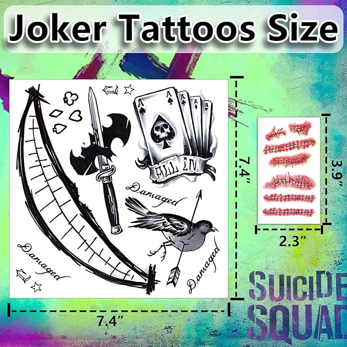 Joker Tattoos Temporary Halloween - 14 Sheets Temporary Tattoos for Kids Men Fake Tattoo Stickers Joker Costume Masquerade Cosplay Party Accessories Makeup Waterproof