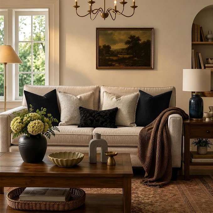 GIGIZAZA Black Velvet Pillow Covers 24x24 Decorative Pillows Pack of 2 | Throw Pillows for Couch Sofa,280gsm Soft Textured Fabric,Modern Square Pillowcases,Luxury Cushion Covers