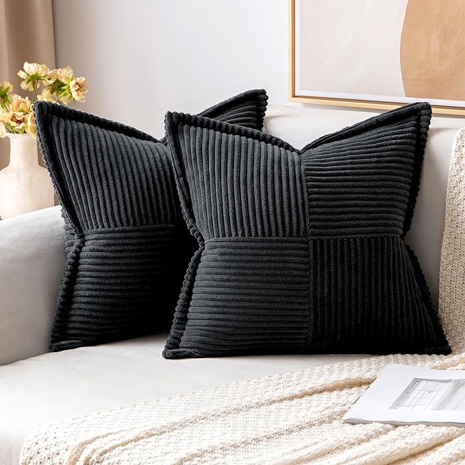 MIULEE Decorative Throw Pillow Covers for Couch 18x18 Inch Black 2 Pack | Boho Broadside Striped Patchwork Pillow Covers, Soft Corduroy Cushion Cases, For Sofa Bed Livingroom Home Decor