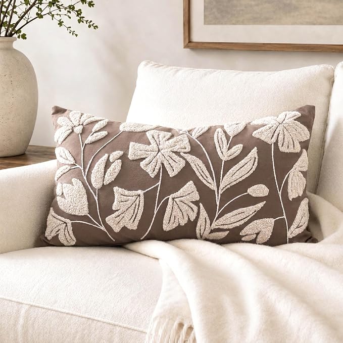 Decorative Lumbar Pillow Cover 12x20 Inch, Taupe Brown Floral Tufted Velvet Accent Pillow Case for Sofa Bed Living Room, Cover Only