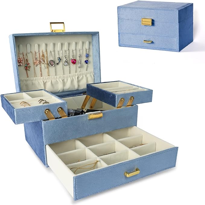 Jewelry Organizer Box, Large Jewelry Boxes for Women Girls, Space-Saving 3 Layers Jewelry Storage Case with Drawer, Gift Idea for Christmas, Valentine's Day, Birthday, Mother's Day (Blue)