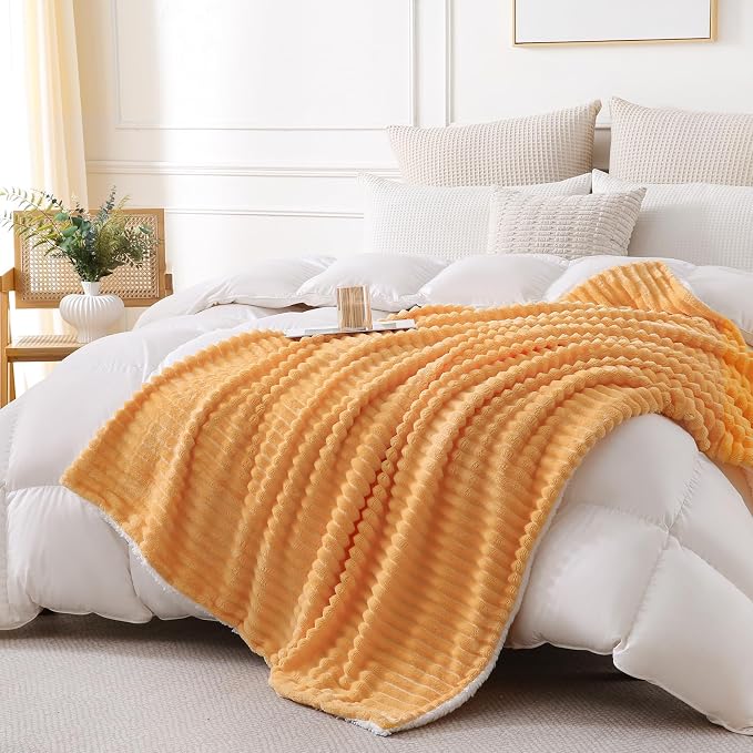 Warm Yellow Sherpa Fleece Throw Blanket 50”×60” for Couch Sofa Bed | Double Side Soft Fuzzy Cozy Plush Thick Flannel Blanket with Striped Design Gift for Adults,Woman