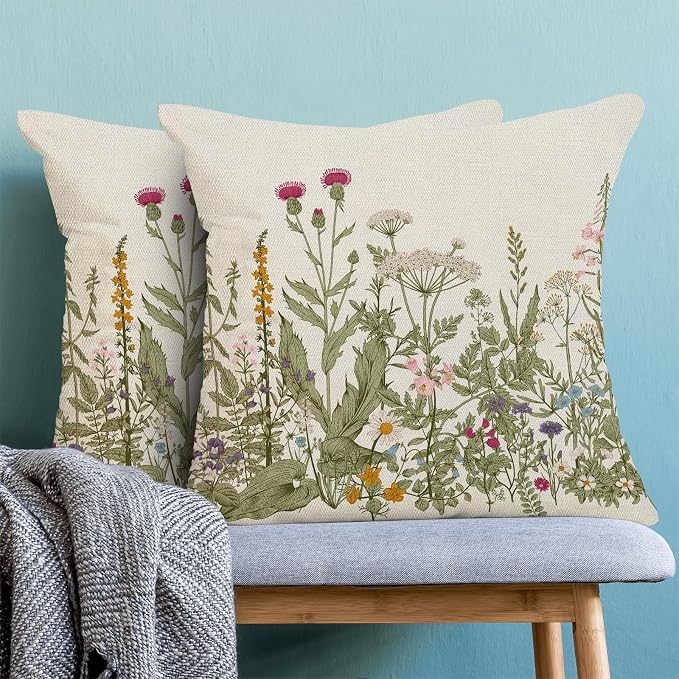 AEIOAE Sage Green Pillow Covers 16x16 Inch Set of 2, Spring Wildflower Plant Throw Pillows Case,Seasonal Floral Outdoor Decorative Flowers Farmhouse Decor Cushion Covers for Home Sofa Bed Couch