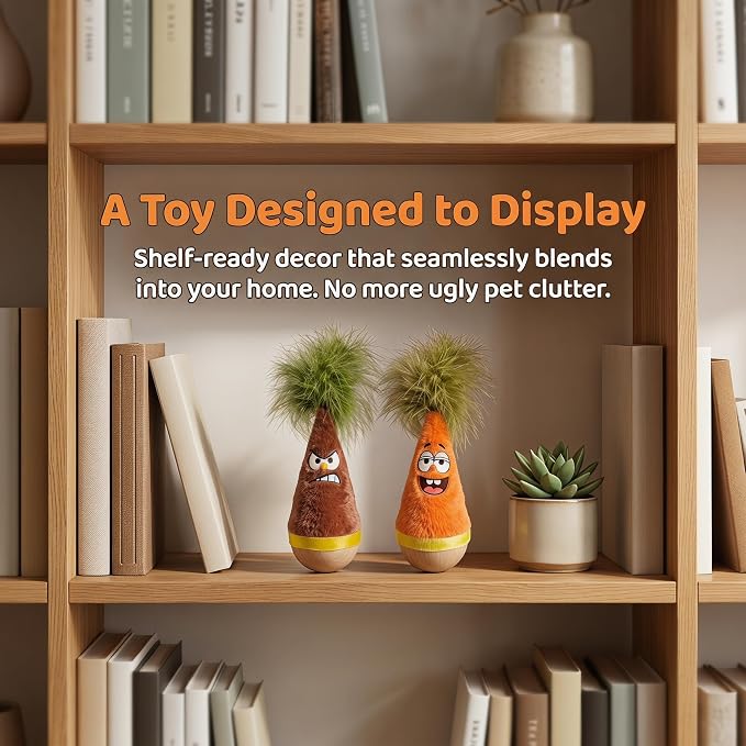 Wooden Wobble Cat Toy, Natural Beechwood Self-Righting Tumbler – 2-Pack Angry & Happy Carrot Kicker, Interactive Silent Cat Toy for Indoor Cats, Battery-Free Plush, Aesthetic Home Decor Gift