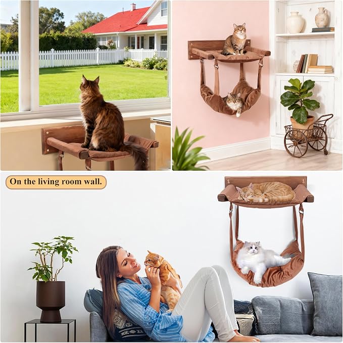 JSPYFITS Wooden Cat Furniture Wall Mounted, Double Layer Hammock, Large Size 18.9″ Removable Multi-Function Cat Bed for Sleep/Play/Climb, Kitten Window Perch, Easy DIY Installation(Brown)