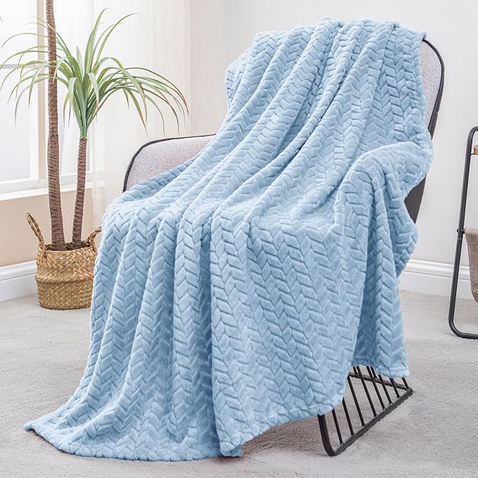 Exclusivo Mezcla Fleece Throw Blanket for Couch Sofa, 50”x70”, Light Blue | Oversized Soft Cozy Fluffy Blankets for Summer, Decorative Plush Flannel Throws for Living room, Bedroom with Leaves Pattern