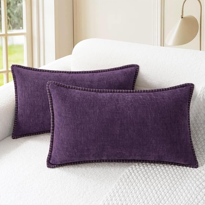 CaliTime Decorative Couch Throw Pillow Covers 20 X 12 Inches Plum Purple | Pack of 2, Cozy Chenille Cushion Cases, Cotton Thread Stitching Edges, for Sofa Bed Living Room Farmhouse