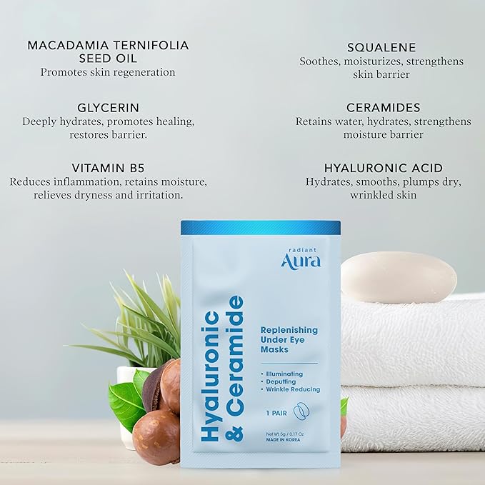 Hyaluronic Acid & Ceramide Under Eye Patches - Dermatologist Tested, Anti Aging, Korean Skin Care - Anti Wrinkle Pads For Puffy Eyes And Under Eye Bags - Vegan, Clean Beauty - 5 Pairs